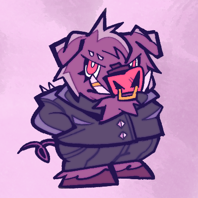 chibi drawing of purple boar anthro, who is wearing a dark leather jacket and pants. she has her hands in her pockets.