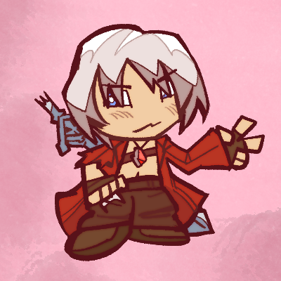 chibi drawing of dante from devil may cry 3. he's smiling and making a V sign.