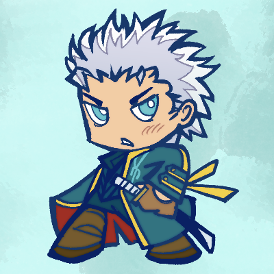 chibi drawing of vergil from devil may cry 3. he's frowning and holding onto his sword.