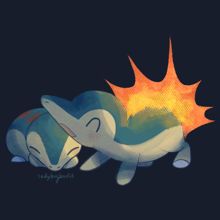 two cyndaquils, one standing on fours with its fire on, and one sleeping nearby with no fire, set against a black background.