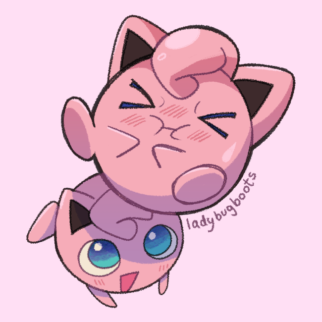 two jigglypuff floating, one above has a strained expression; it's closing its eyes and puffing its cheeks. the one underneath is looking up at it with a smile.