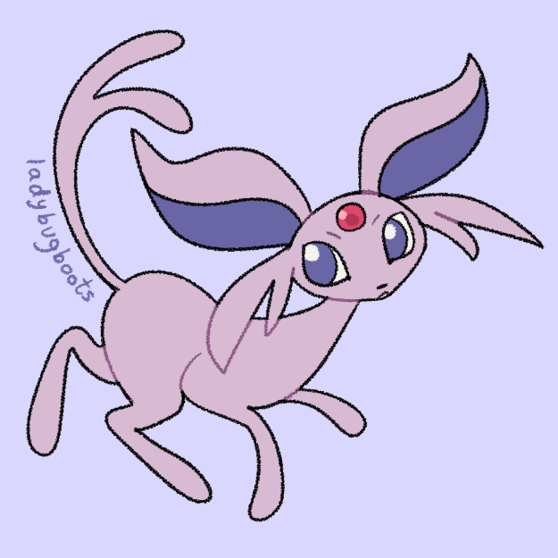 espeon walking, set against a lavender background.