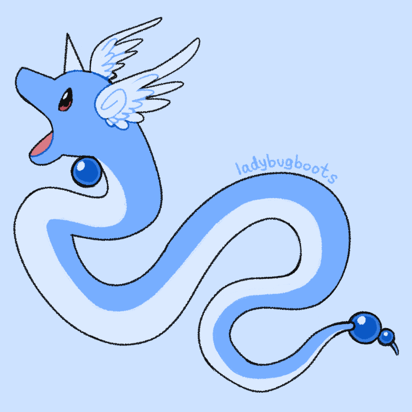 dragonair twisting its body around with an open mouth, set against a pale blue background.