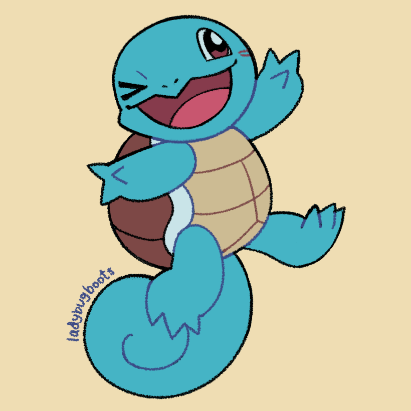 squirtle jumping and winking, set against a yellow background.