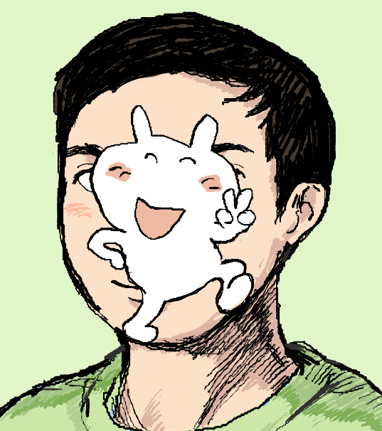A self portrait drawing of a pale person with short, dark hair, wearing a green t-shirt. Their face is mostly obscured by a white, cartoon rabbit, who is smiling and making a V sign at the camera.
