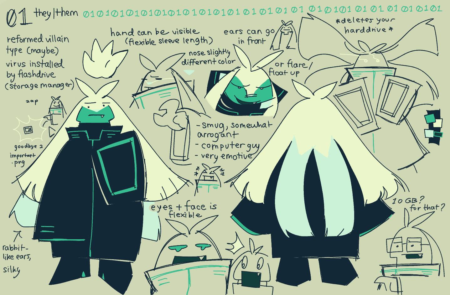 Character sheet for 01. 01 is a green and yellow rabbit like anthro with two pairs of long, droopy, silky ears. They wear a high collar, long black trenchcoat and black boots. There's various notes on their design and character, as well as expressions.