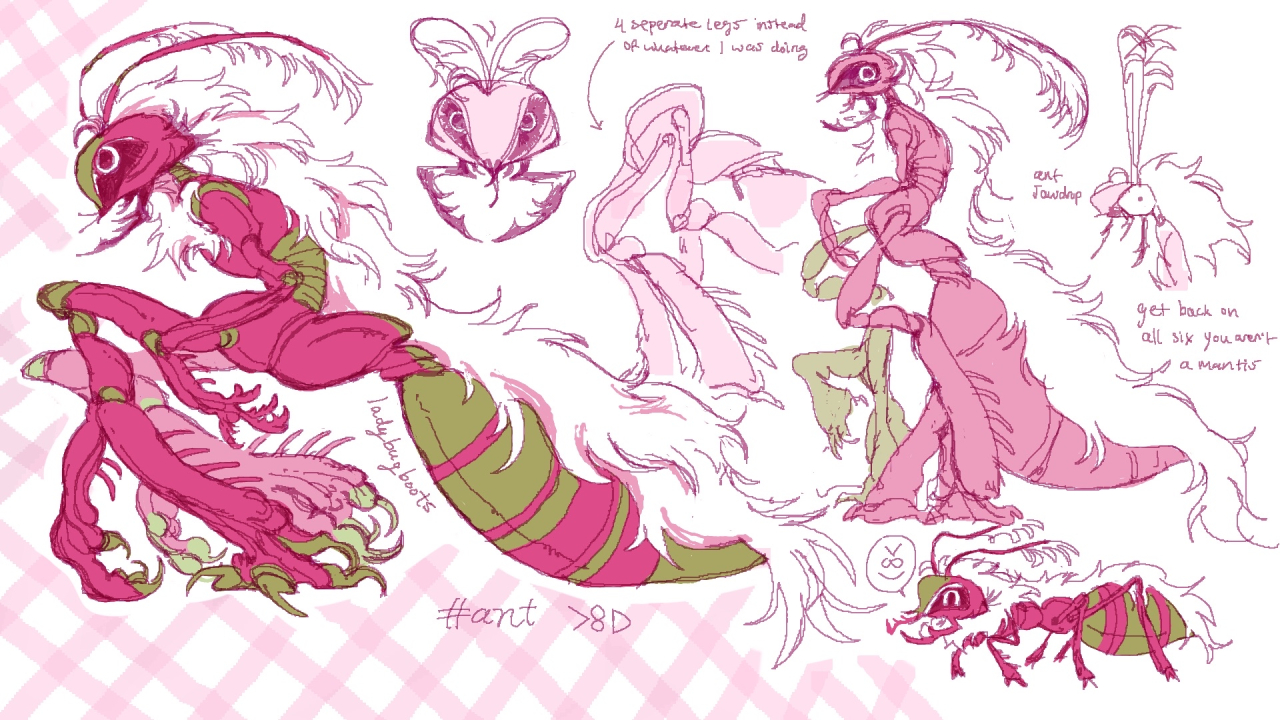 Character sheet for a dark pink, anthropomorphic ant with a white mane running its back and gaster, on its antennae and chest. Its forehead, joints, tarsi, and striped gaster are green. Its back legs split into two at the joint, but there is a version where the legs are fully separate limbs. Additionally, there's a drawing of the ant with actual ant proportions.