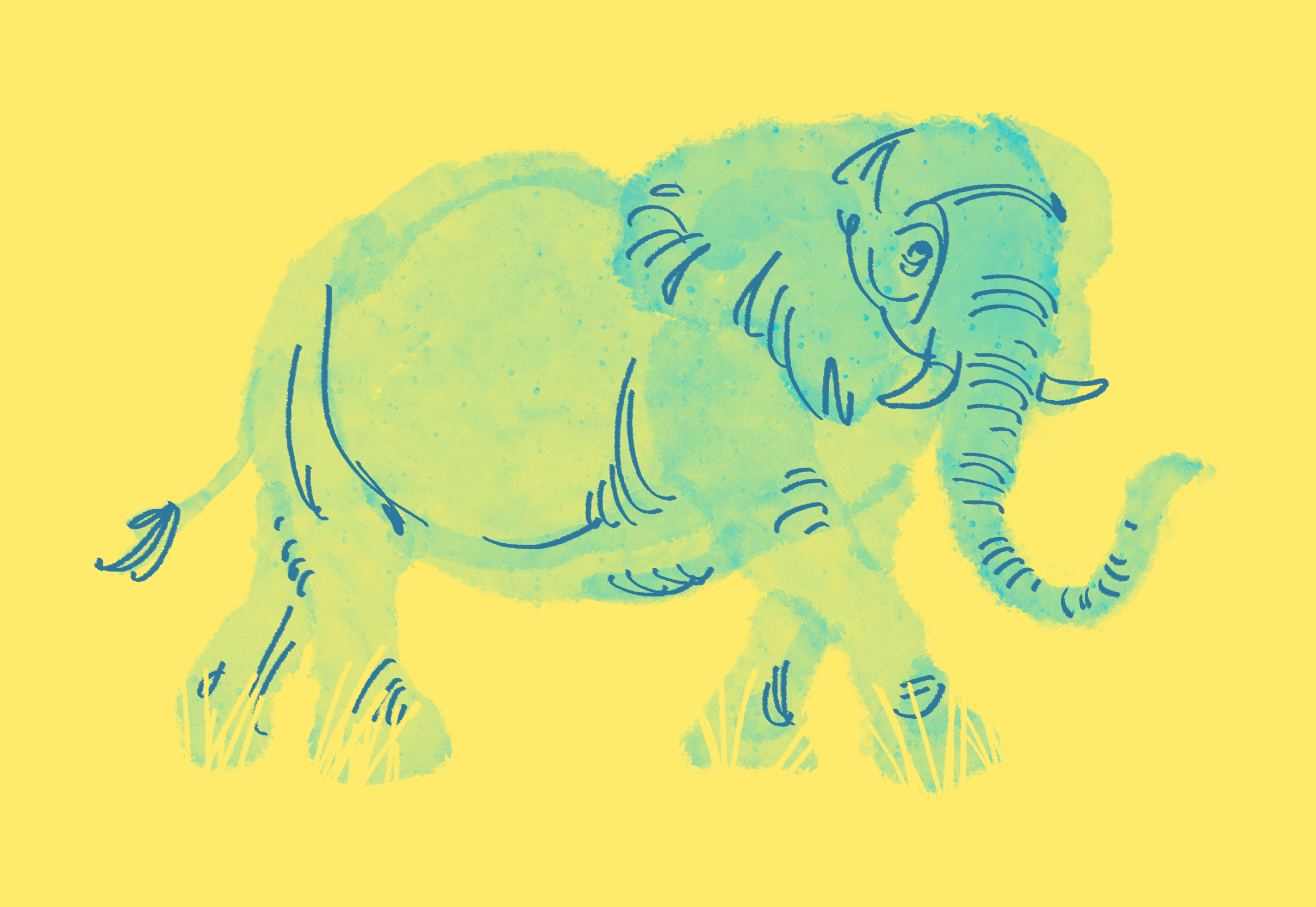 A teal African elephant walking in the grass against a yellow backdrop. Its body is drawn in a watercolor style, with a darker blue outlining the face, ears and wrinkles.
