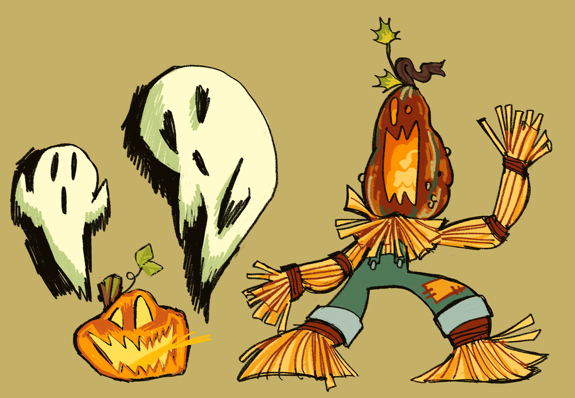 A jack-o-lantern, a pair of ghosts, and a red-green, squash-o-lantern scarecrow. The jack-o-lantern spits fire like a tongue, and the squash scarecrow has a tall head with visible candle, body made of straw, and is wearing a pair of overalls.