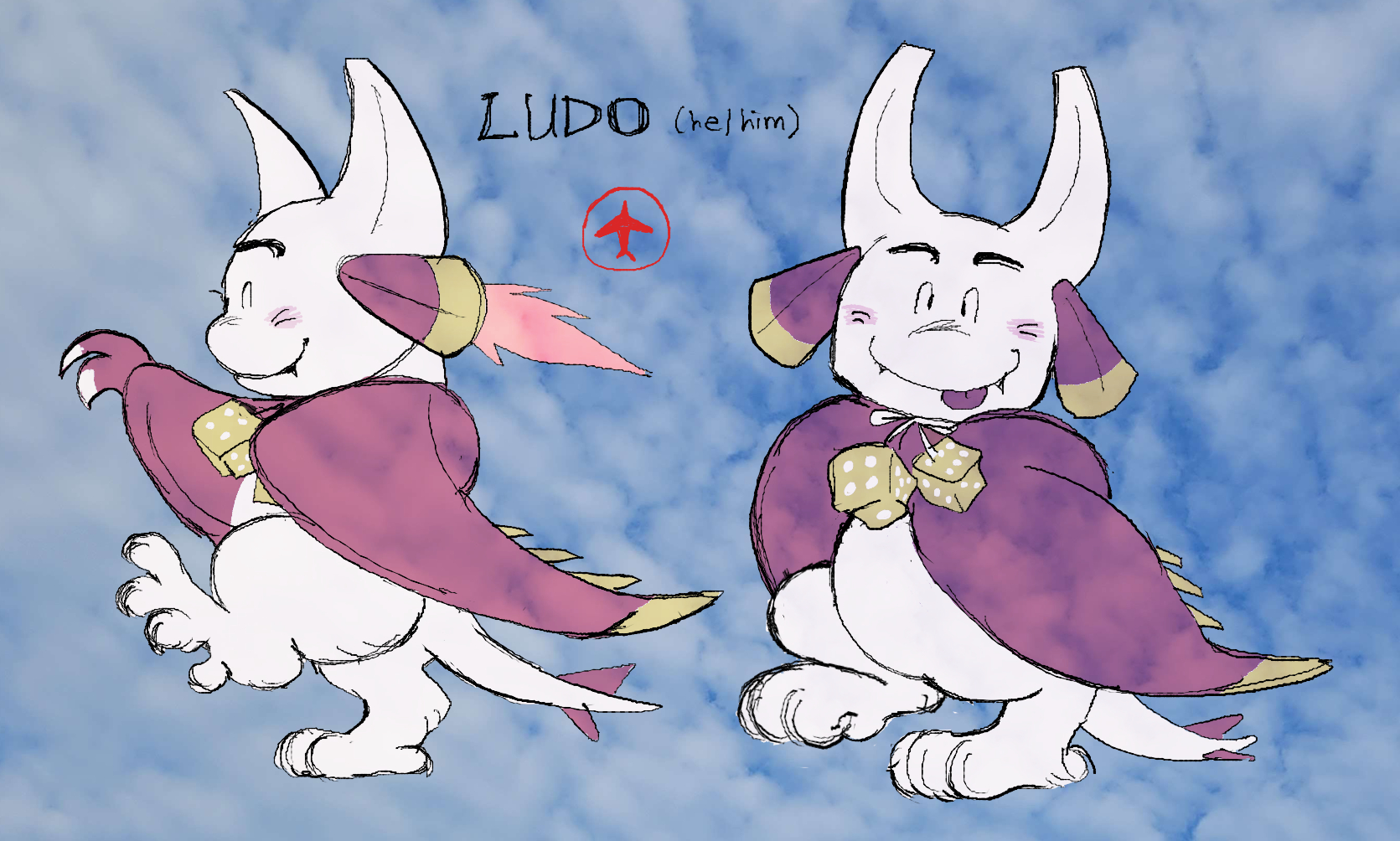 Side and three fourths view of Ludo. Ludo is a white, bipedal creature with red wings like airplanes with bat claws. He has two, curved, blunt horns, and floppy ears like jet engines, one with flames jetting from it. His feet resemble snowy owl's, and he has a tail resembling an airplane's. A pair of yellow die hang around his neck. He has a wide smile, with two pointy black teeth sticking out. There's a symbol of a red airplane within a circle. The drawings are superimposed on the background photo, with slight transparency, which is a blue sky with cirrocumulus clouds.