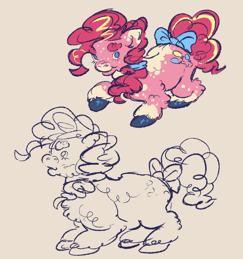 Pinkie Pie redesign from My Little Pony, drawn as a short, stouter, and fluffier. She has yellow highlights in her hair, and her mane is pulled into a shoulder ponytail by a blue scrunchie. She has a blue bow on her tail, and her fur is dappled with cream spots on her snout, ear, near her hooves and back, and she has thicker eyebrows. there's an uncolored sideview drawing of her below.