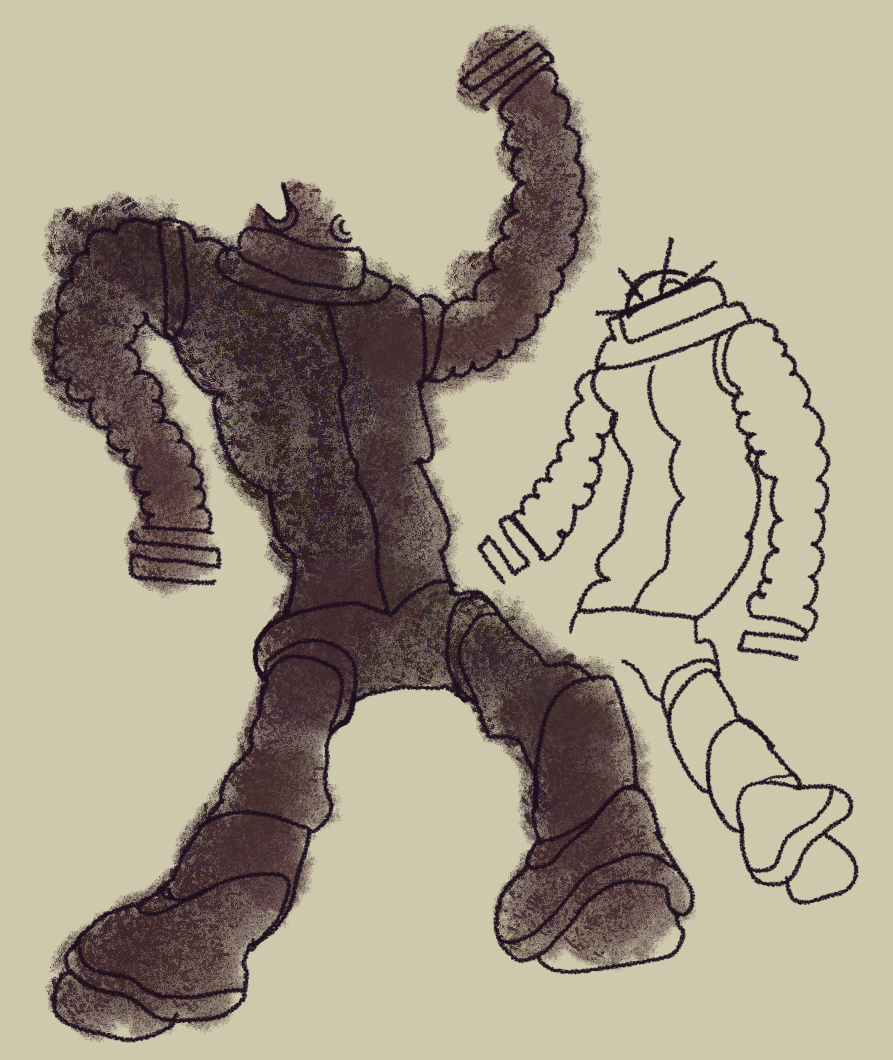 Two robots with small dome heads and the suggestion of beams of light shooting out from their eyes. They have a long, ridged torso with corrugated pile arms, and armored feet. The one in the foreground is colored with a rusty dark gray brown, and is waving its arms.