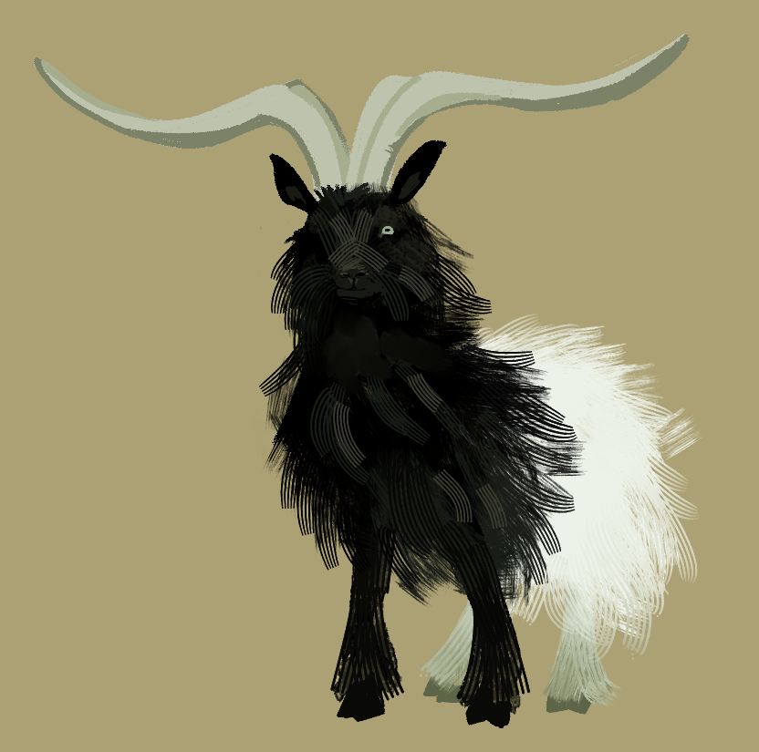 A Valais Blackneck goat. Its fur is drawn with sweeps of layered parallel lines. Only one eye is visible.