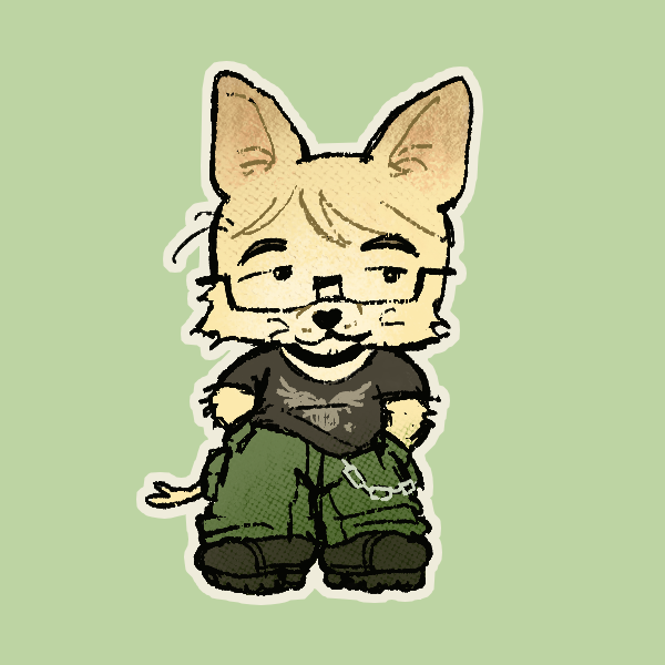 A colored OC chibi animal of the chihuahua before, who is blonde. His t-shirt is black with a winged gray graphic, and his techwear pants are forest green.