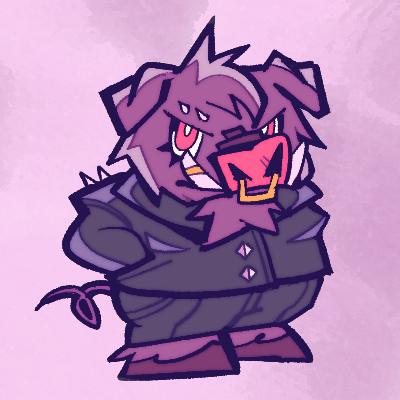 Chibi drawing of purple boar anthro, who is wearing a dark leather jacket and pants. She has her hands in her pockets.