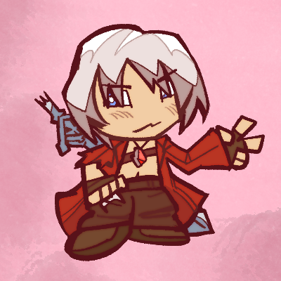 Chibi drawing of Dante from Devil May Cry 3. He's smiling and making a V sign.