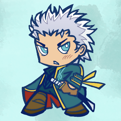 Chibi drawing of Vergil from Devil May Cry 3. He's frowning and holding onto his sword.