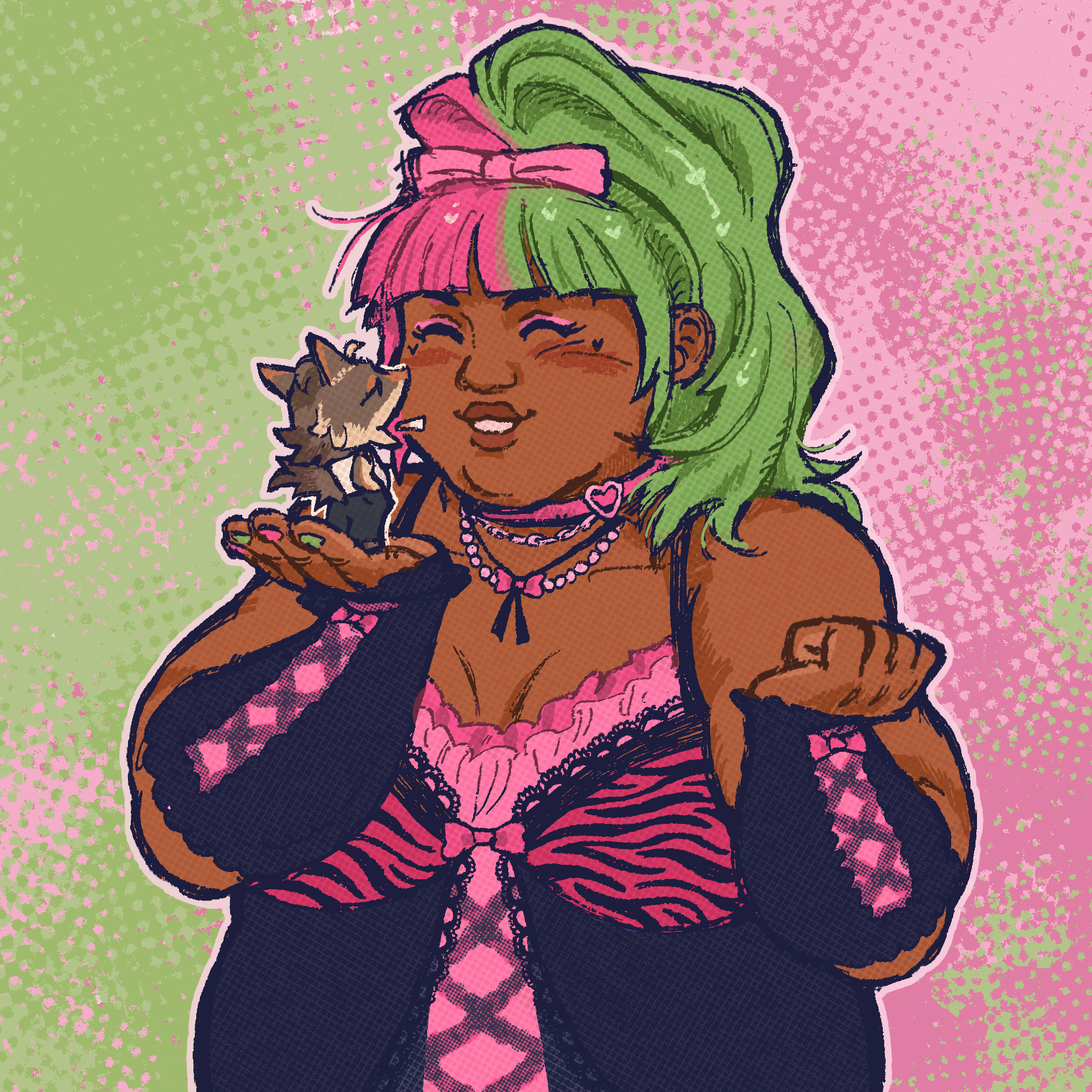 An OC halfbody example with one little animal. The OC is a fat, brown woman dressed in gyaru style. Her hair is half magenta, half green pulled in a high ponytail with a pink bow. She's wearing a heart choker and bow necklace, a spaghetti strap top with black lace, pink frills and a small bow, and magenta tiger stripe pattern, as well as black lace forearm sleeves with a pink bow. She's smiling at the little coyote standing on her palm, who has his hands in his pants pockets and a floating cigarette. The backdrop is textured green and pink.