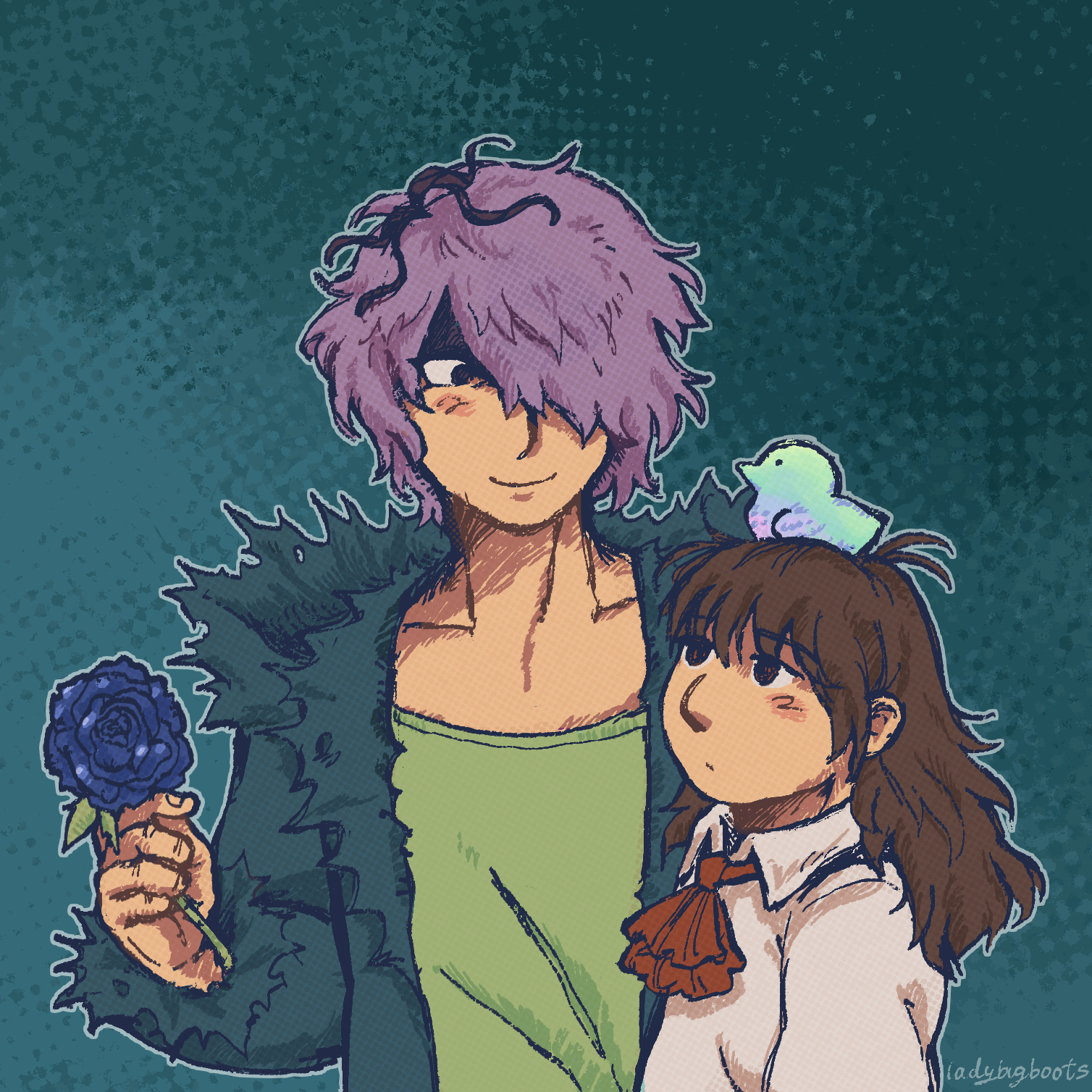 A fanart example with two characters. They are Ib and Garry from the game Ib. Ib looks up at Garry with a little multicolored, pastel bird sitting atop her head. Garry looks at the bird smiling, and holds his rose in one hand. The backdrop is textured dark teal.