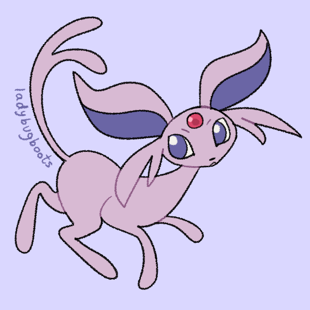 Espeon from Pokemon walking, set against a lavender background. It's drawn with flat colors.