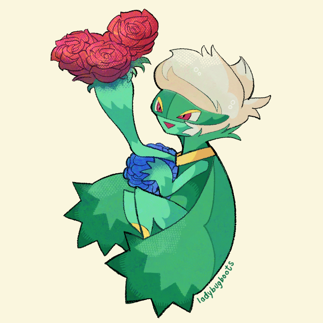 Roserade sitting with its cape around it, holding the red rose hand and looking upwards, set against a pale yellow background. It's drawn with some shading and texturing.