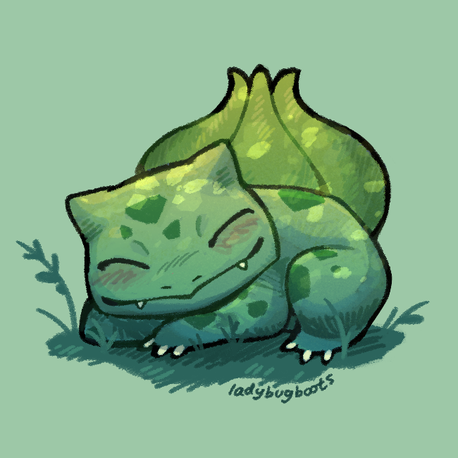 Bulbasaur sleeping contentedly in the grass, sunshine dappling it. It's drawn with more shading and lighting, and is more painterly.