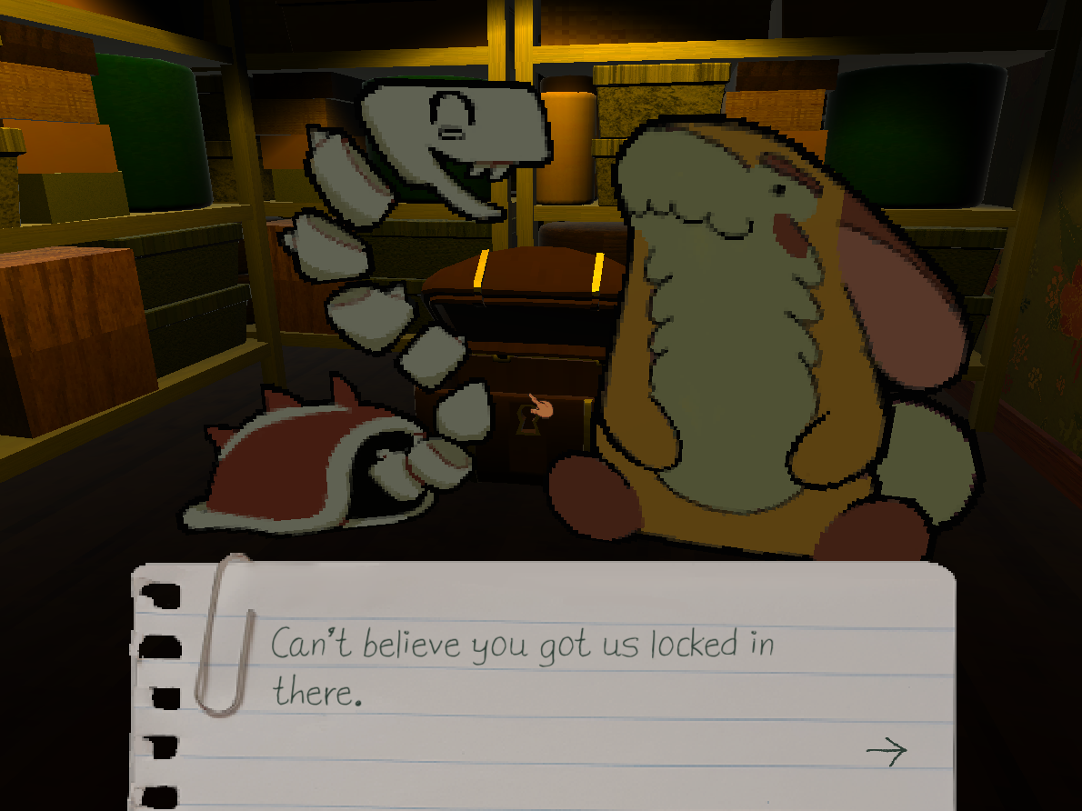 A skeletal snake creature emerging from a spiky shell and a floppy eared bear like creature are standing among some shelves. One of them says, 'Can't believe you got us locked in there.'