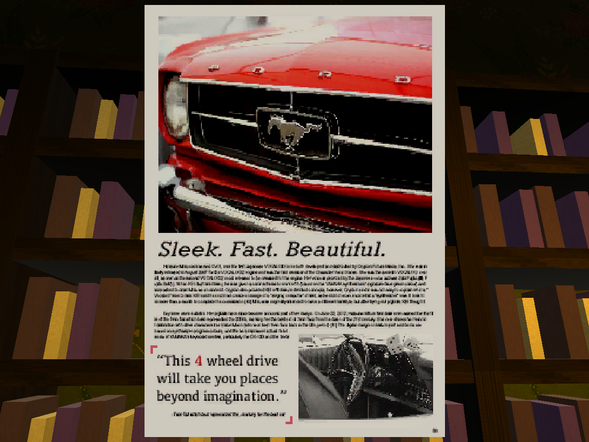 A page from a magazine of a car ad: 'Sleek. Fast. Beautiful'. The other legible text reads, 'This 4 wheel drive will take you plcaes beyond imagination.'