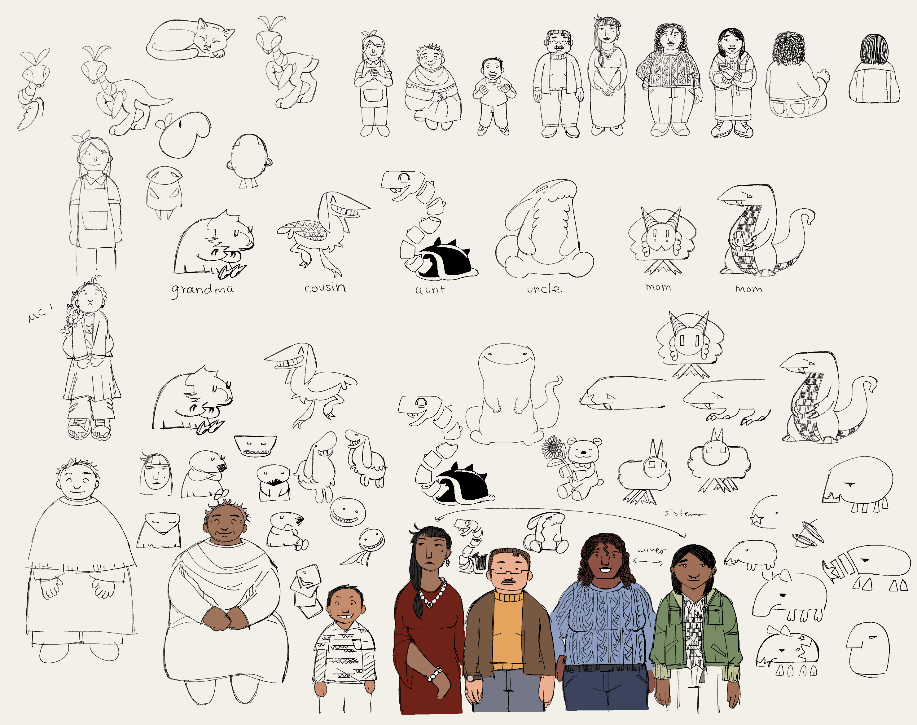 Many sketches working out the human and creature character designs.