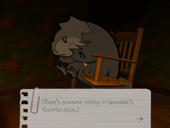 Looping gif of a furry, hamster like creature sleeping in a chair. The textbox says, 'There's someone sitting in Grandma's favorite chair.