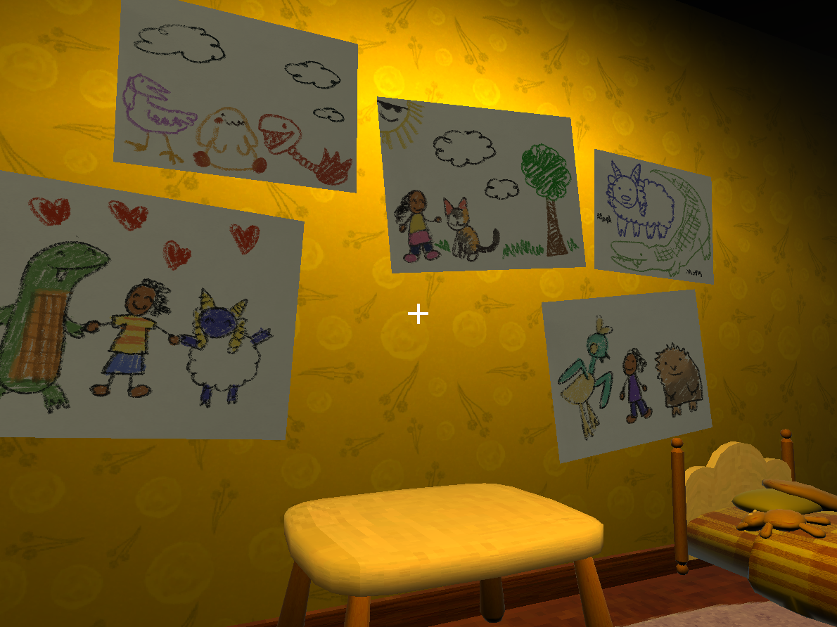 A child's bedroom, with many crayon drawings on the wall. The drawings depict a girl having fun with various creatures.
