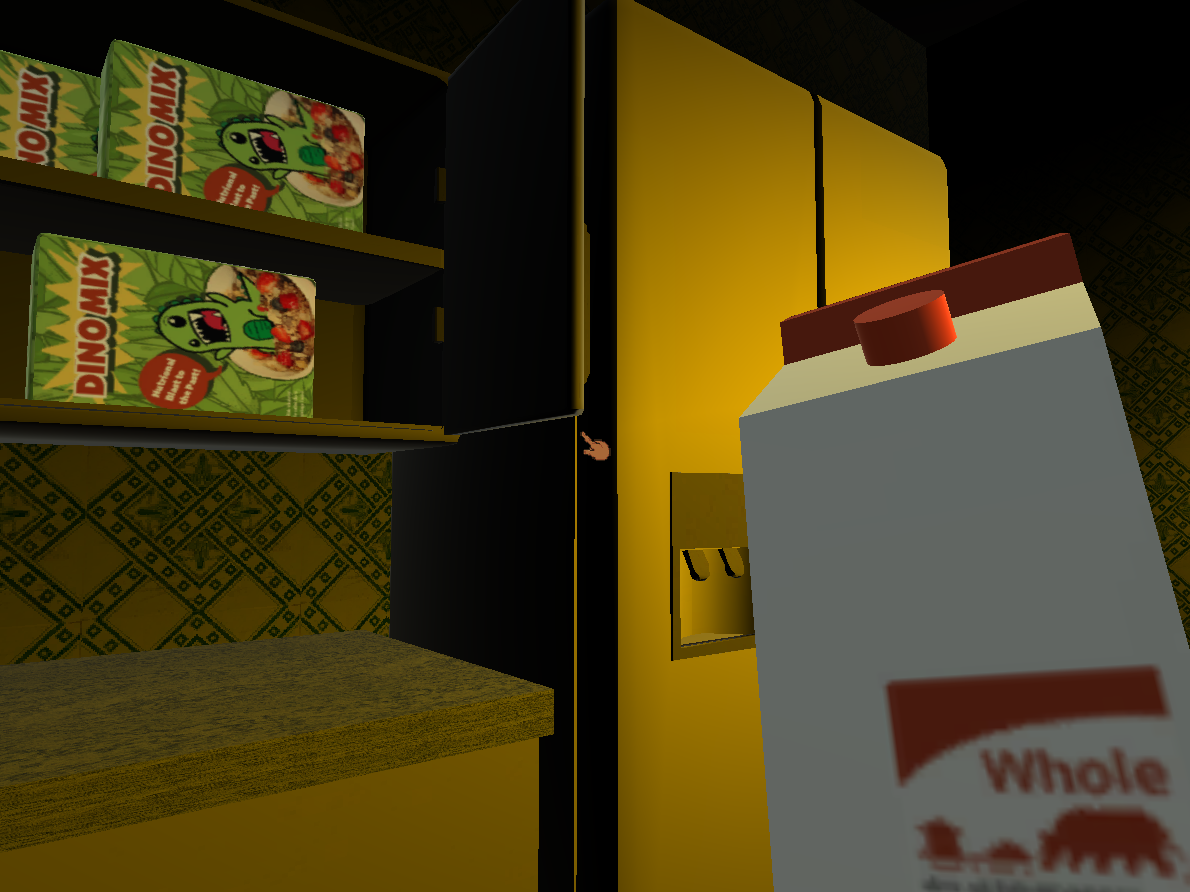 Holding a carton of whole milk in front of the kitchen fridge. Dino Mix cereal boxes can be seen in the cabinet.