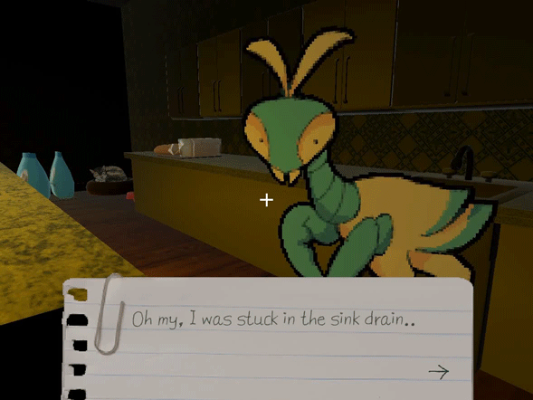 Looping gif of a mantis like creature, standing idly in the kitchen. They say, 'Oh my, I was stuck in the sink drain..'
