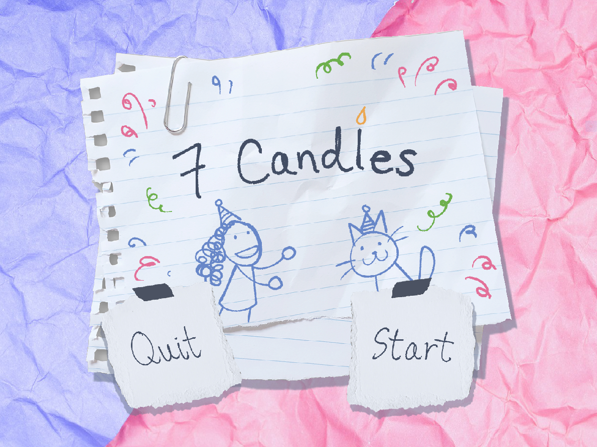 Menu for 7 Candles. The title is written on torn notebook paper, with the player character and her cat doodled on.