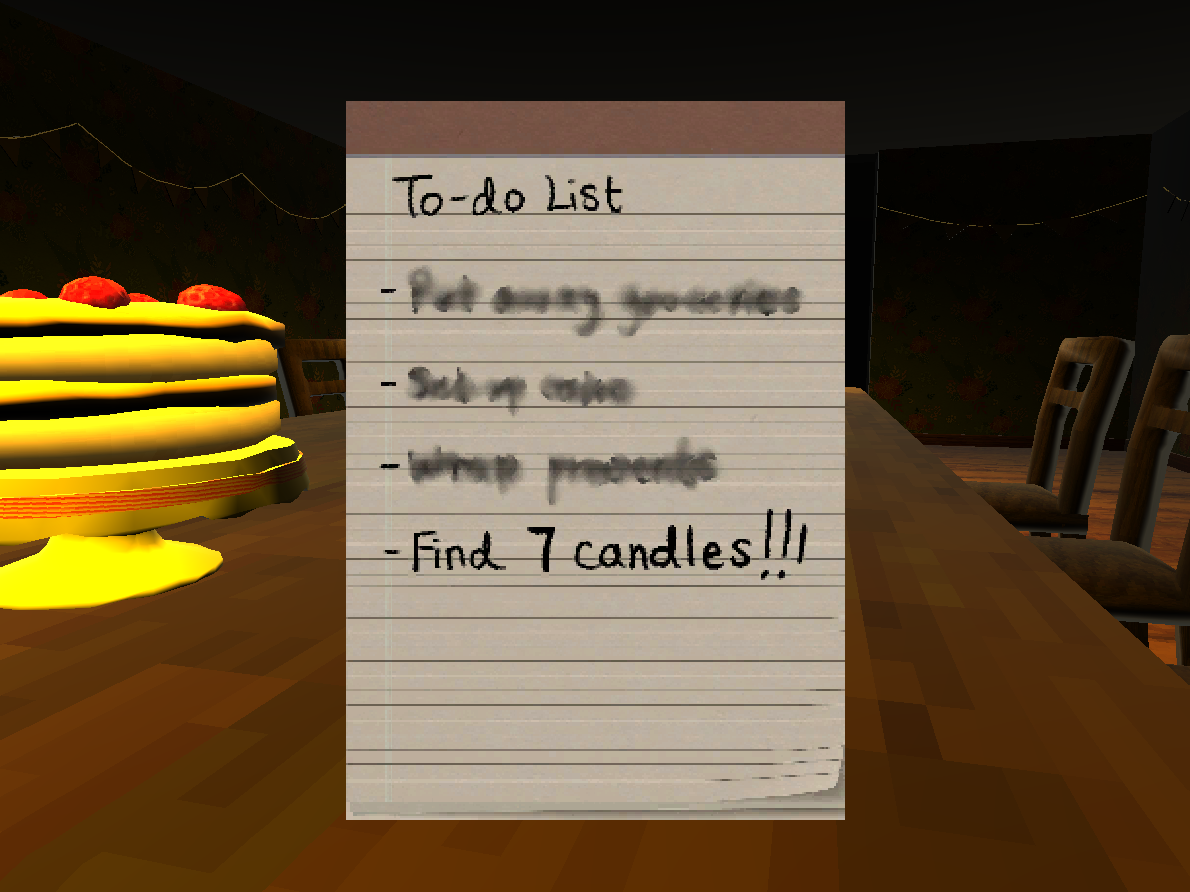 Game screenshot. A to-do list, most of the writing is smudged, but one is visible: 'Find 7 Candles!!!' A cake sits on the table behind.