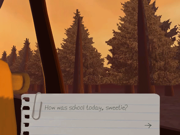 Looping gif of the game: looking out of a car window at sunset, passing by conifer trees. The textbox says, 'How was school today, sweetie?'