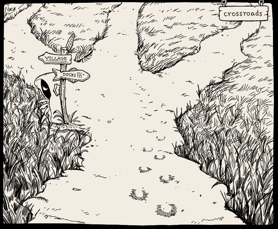 The dirt road splits into three paths. A signpost is labeled Village and Docks, with a couple other signs. A hooded figure with huge clawed hands glares from behind the signpost, the rest of their body mysteriously appearing only on one side.