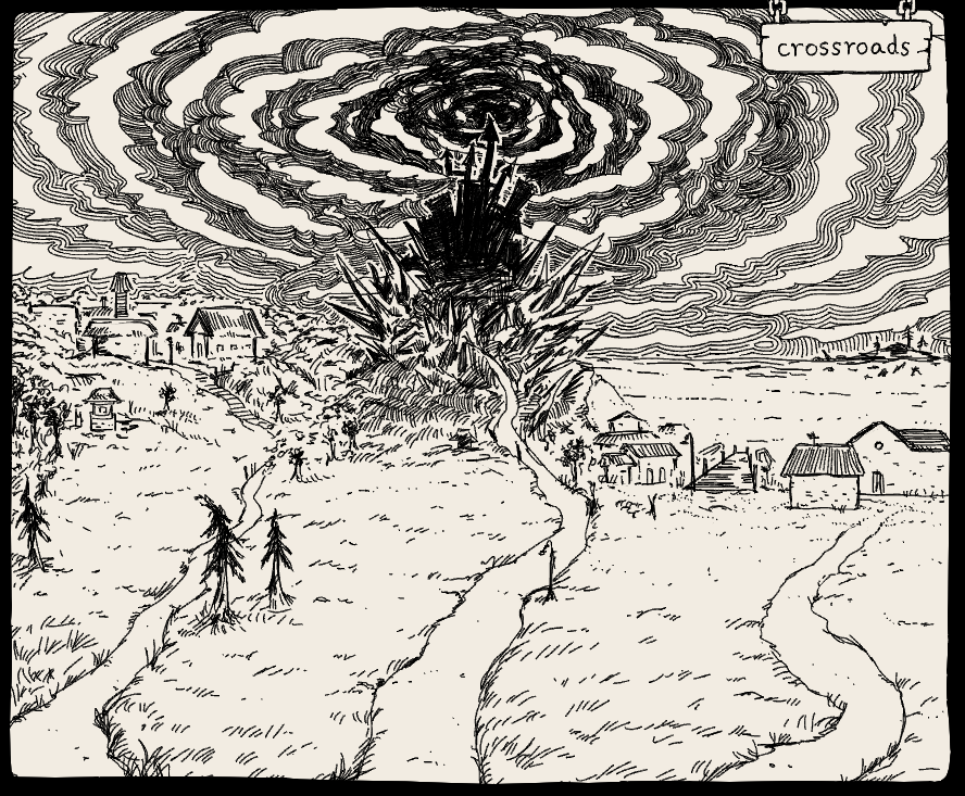 The way ahead from the crossroads. The left path leads to a small village, the right path leads to a fishing dock besides a lake and distant island. The middle path leads up to an ominous castle surrounded by many jutting spikes. The sky is darkest above the castle, with clouds swirling around the centerpoint.