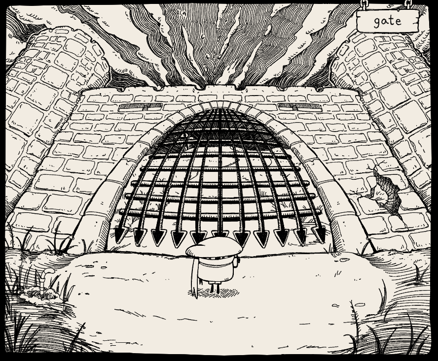 The castle walls loom ahead, the entrance guarded by a portcullis. Dark clouds steam overhead. A short, mushroom shaped creature squinting from under his hat waits in front.