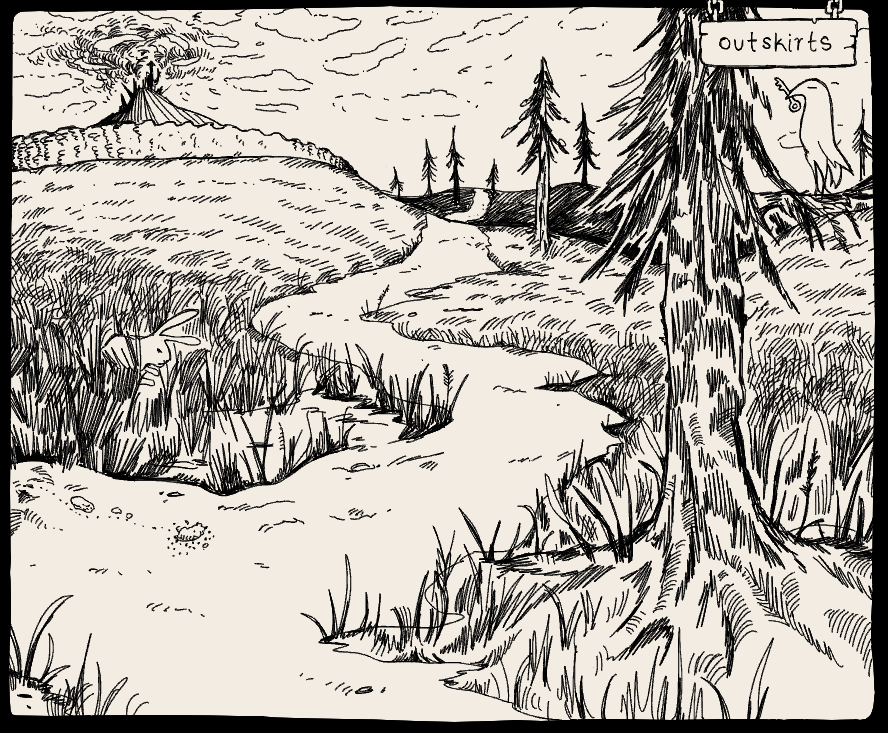 The dirt road leads to a stone wall surrounding the distant castle, which has dark clouds circling above. A sparse population of skinny conifer trees dot the plains.