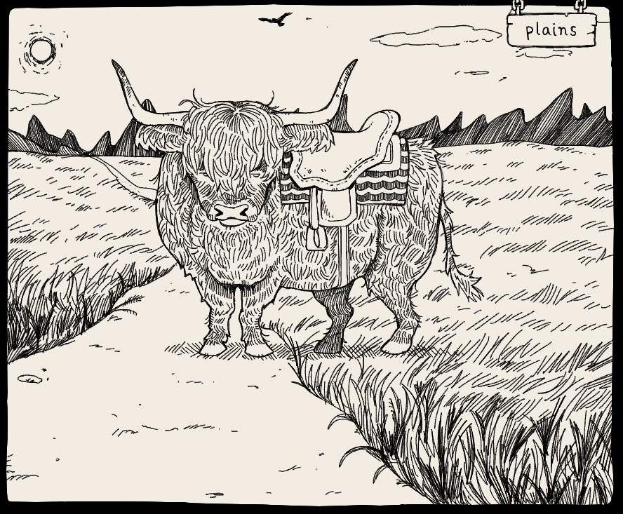 There's a saddled highland cow standing in the dirt road. Beyond the plains is a mountain range, and a bird in the sky.