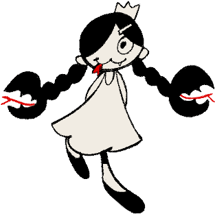A young princess with monster features: a snaggletooth and forked tongue, and two braids that end in spiky mouths with their own tongues.