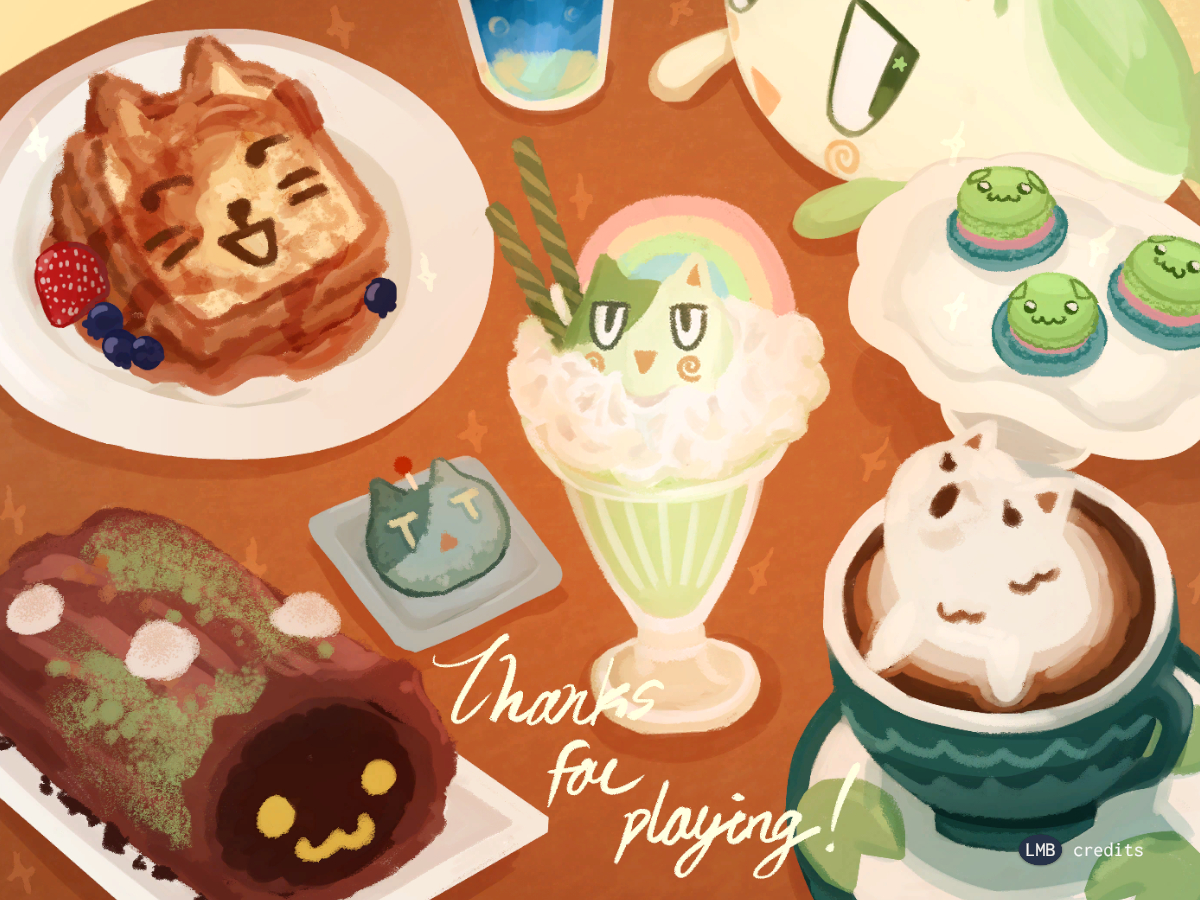 'Thanks for playing!' end card, featuring a varied selection of sweet treats, one themed after each fishcat.