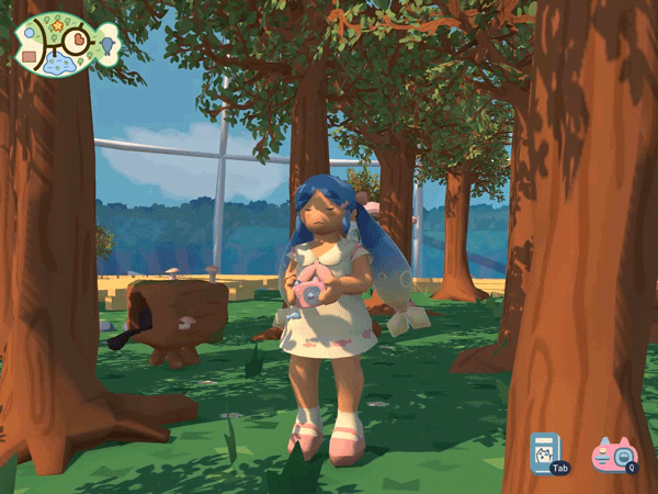Gif of Paya in the forest, as the log fishcat walks around behind her.