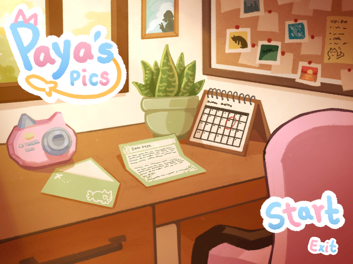 Menu for Paya's Pics. A pink, cat eared camera sits on a desk near an opened letter. Sunlight is streaming through the window.