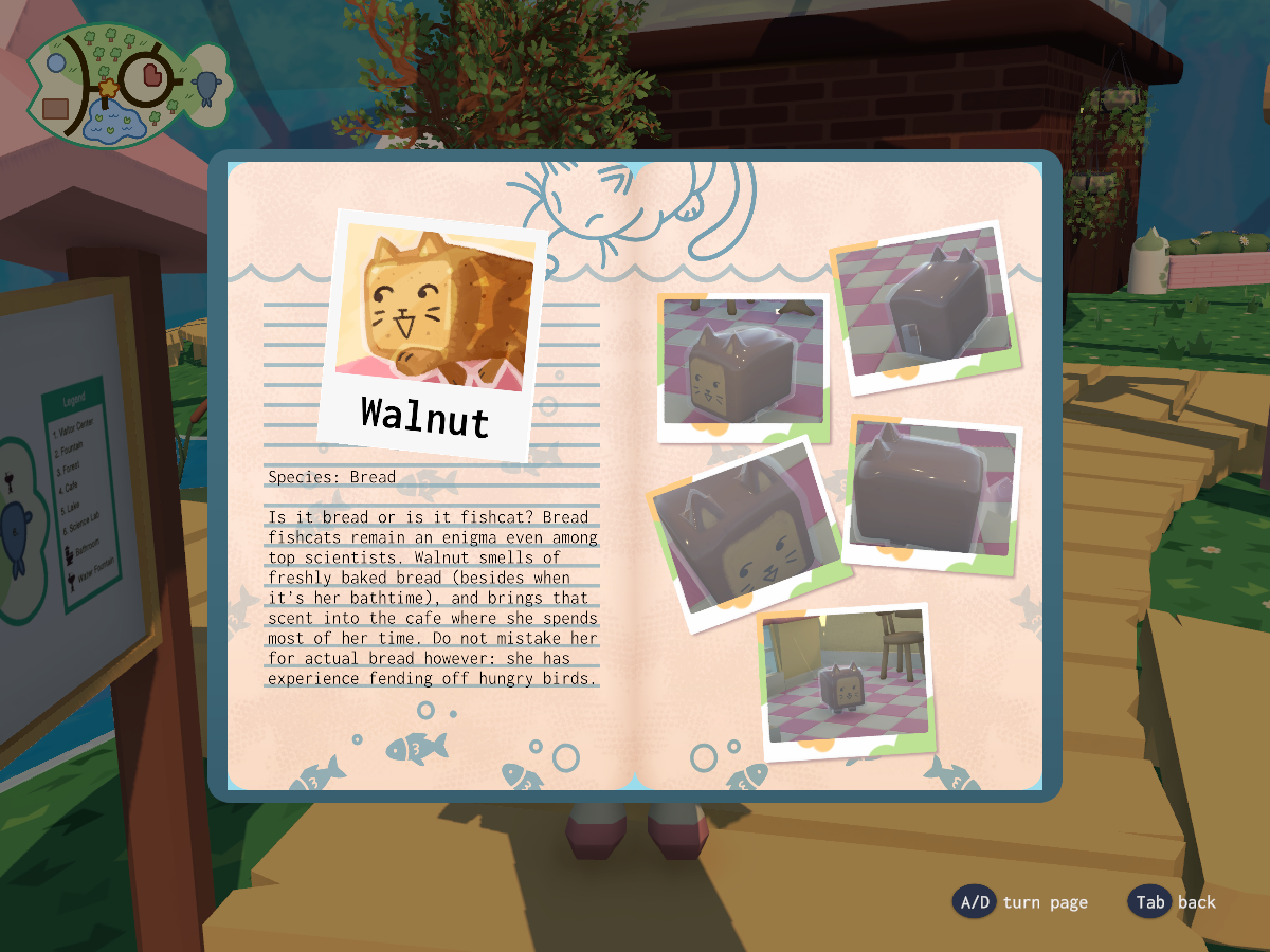 The notebook profile for Walnut the loaf fishcat. Her pictures are taken from different angles. The pages are patterned with a cat at the edge of water with fish in it.