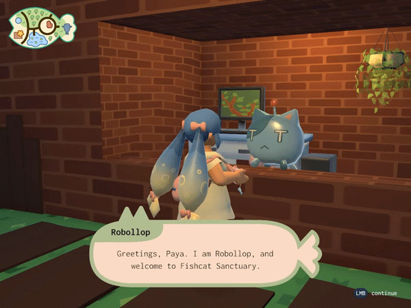 Looping gif of a robotic fishcat, greeting Paya at the visitor's center. They say, 'Greetings, Paya. I am Robollop, and welcome to the Fishcat Sanctuary.'