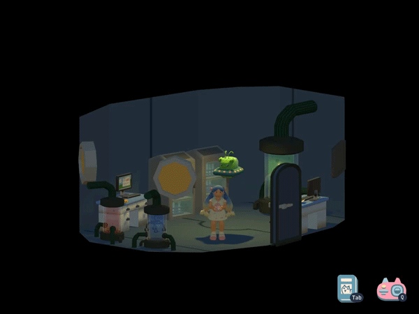 Gif of the lab's interior. A floating alien UFO fishcat is flying around.