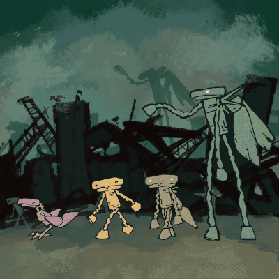A gif of four automaton creatures looping a walking cycle, set against a ruined city backdrop. From left to right as follows: Bird, Human, a young Angel, and a grown Angel. The Bird is a pink purple bird that hops with one, large claw. The Human is a yellow humanoid striding, swinging its arms. It has a horizontally long head, beady dark eyes, a small pointed dip resembling a beak, corrugated limbs, and hoof shaped hands and feet. The young Angel is like the Human, but a duller color, walking at a slower pace and its arms limp. Its eyes have turned white, and it now possesses a pair of wings, similar to the Bird's. The last automaton is the grown Angel, whose limbs have stretched, making it much taller. Its wings have gotten bigger, but deteriorated. It stutters forward, half heartedly reaching ahead.