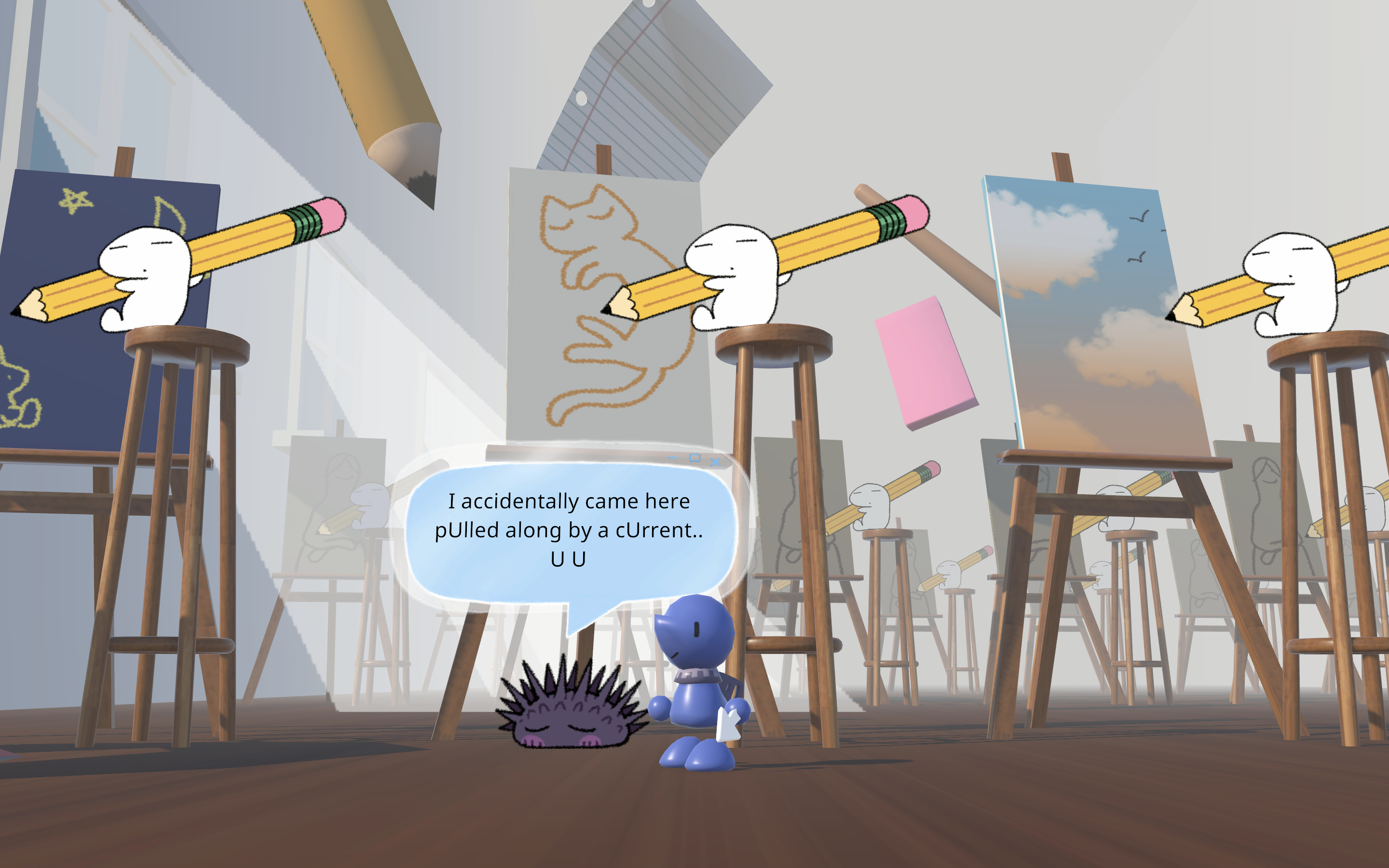 Endless white room with rows and rows of easels and little guys drawing on them, sitting atop stools. A rabbit looking at the moon, a cat, and a dusk sky are among the drawings. A sea urchin says, 'I accidentally came here pulled along by a current..'